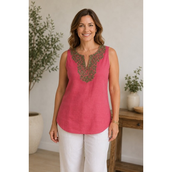 Lafayette 148 New York Tops - NWT Lafayette 148 New York Linen Blouse Women 14 Petite Pink Hand-Beaded Luxury